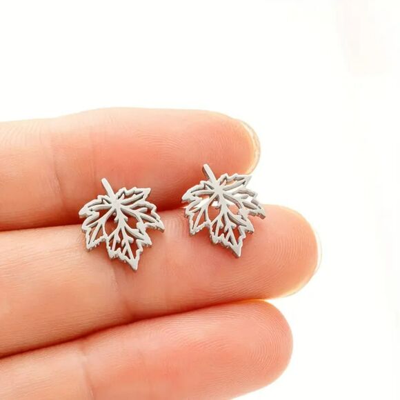 "Autumn Silver" Maple Leaf Stud Earrings - Picture 1 of 2
